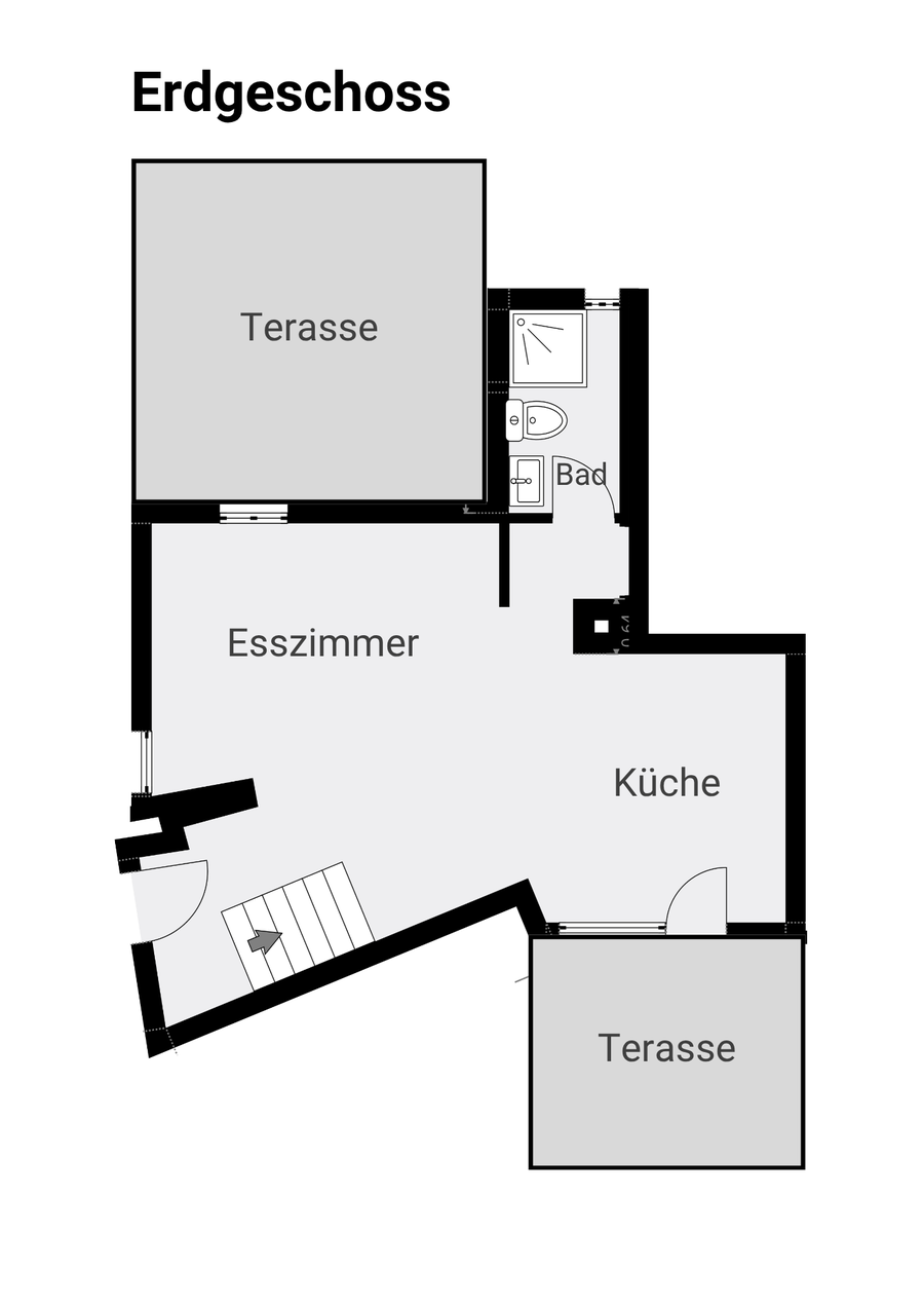 Grundriss Erdgeschoss: Esszimmer, Küche, Bad und zwei Terrassen