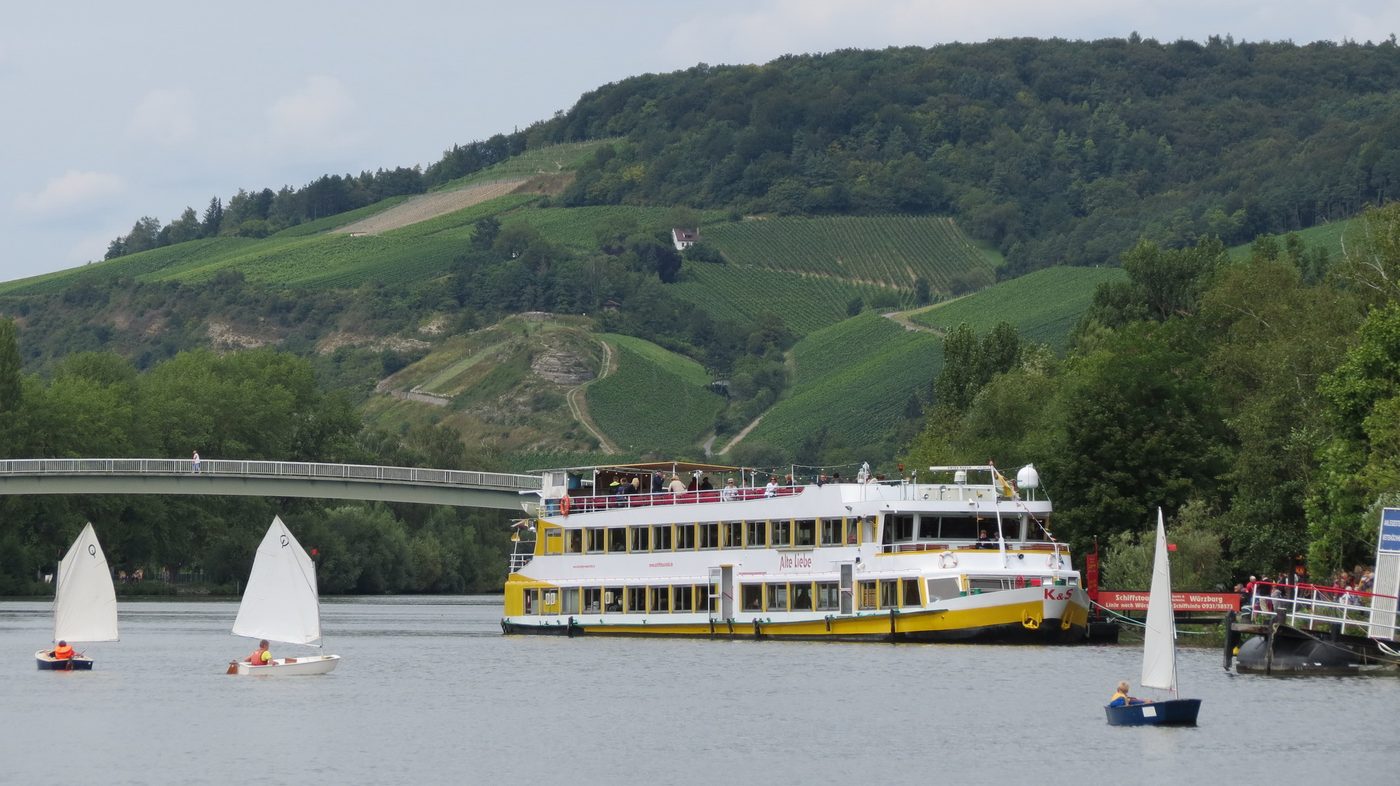Ausflugsschiff auf dem Main bei Veitshöchheim mit Weinbergen im Hintergrund