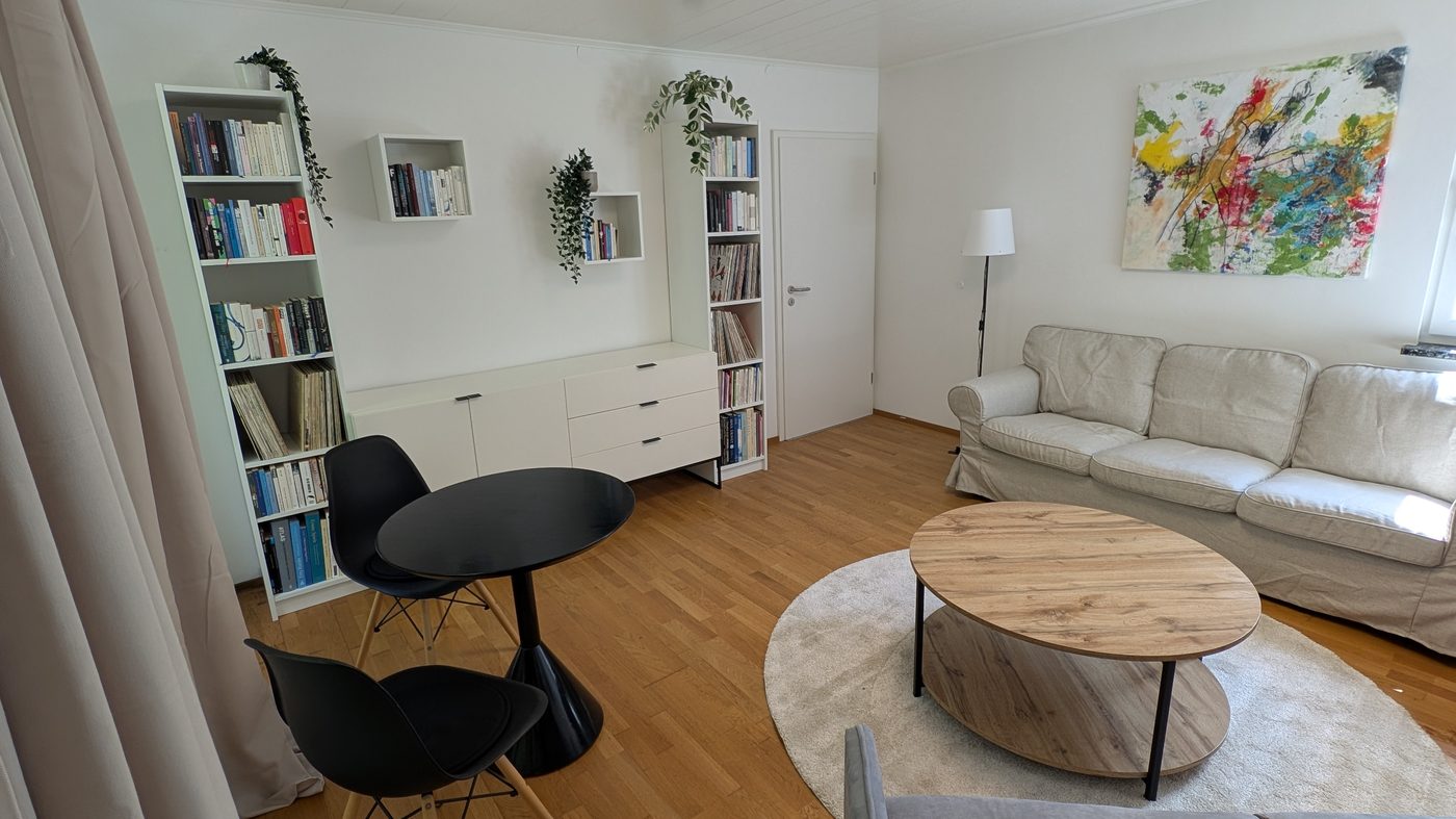 Wohnzimmer mit Bücherwand, Sofa und Kunstbild