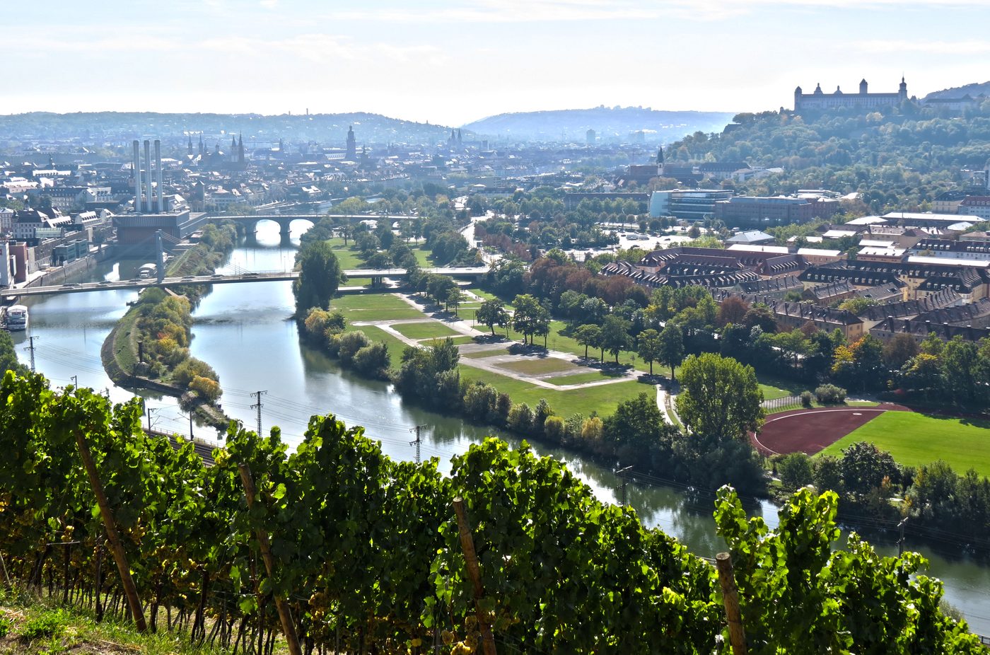 Blick aus den Weinbergen über den Main auf Würzburg